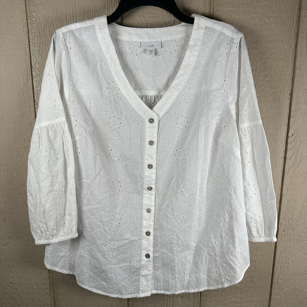 J. Jill Eyelet Blouse Womens M Petite White 3/4 Sleeve V-Neck Button Cotton